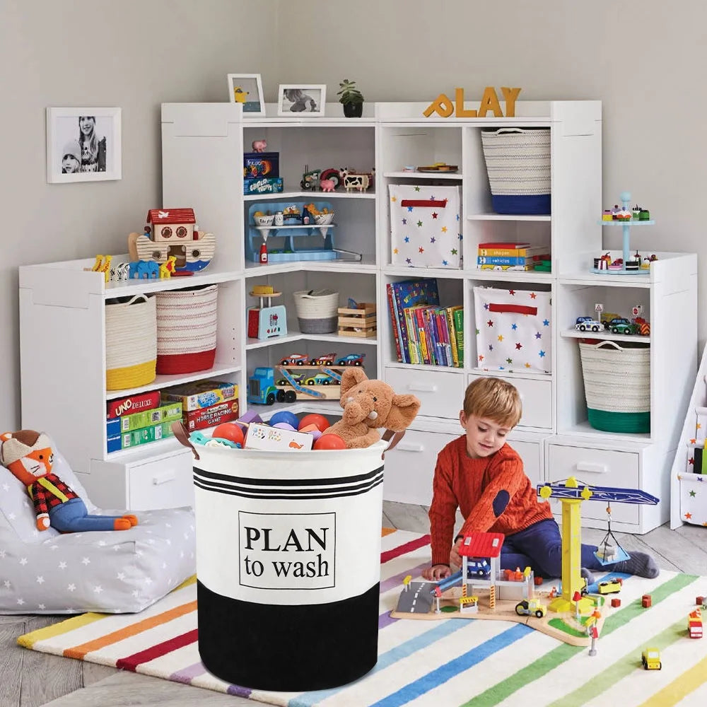 Round Waterproof Canvas Laundry Hamper Basket, 19.7" Large Folding Laundry Clothes Hamper with Handles, Dirty Clothes Basket for Kids Room, Toy Organizer, Home Decor, Baby Hamper (Black Words)