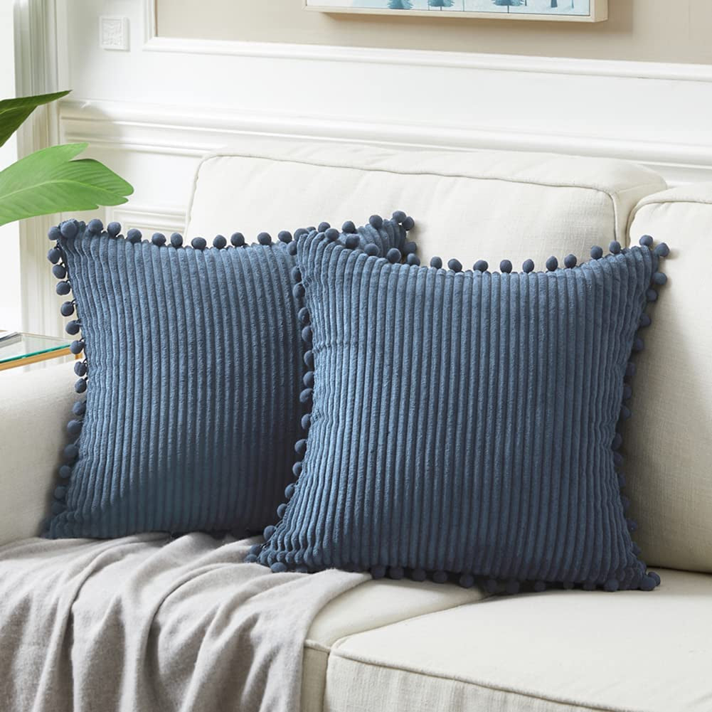 Fancy Homi Dark Gray Decorative Throw Pillow Covers 18X18 Inch with Pom Poms, Boho Farmhouse Home Decor, Soft Corduroy Accent Square Cushion Case for Living Room Couch Bed Sofa 45X45 Cm