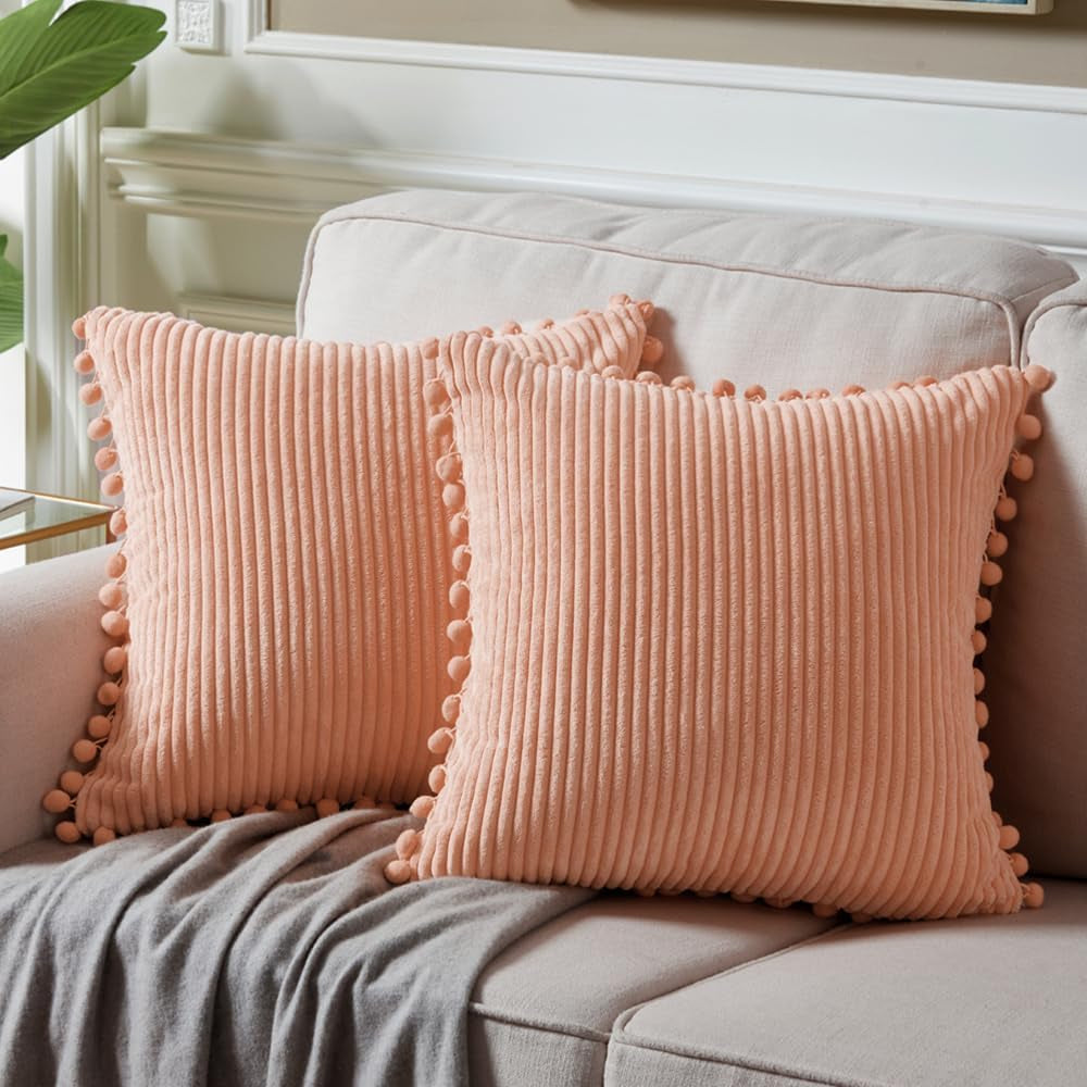Fancy Homi Dark Gray Decorative Throw Pillow Covers 18X18 Inch with Pom Poms, Boho Farmhouse Home Decor, Soft Corduroy Accent Square Cushion Case for Living Room Couch Bed Sofa 45X45 Cm