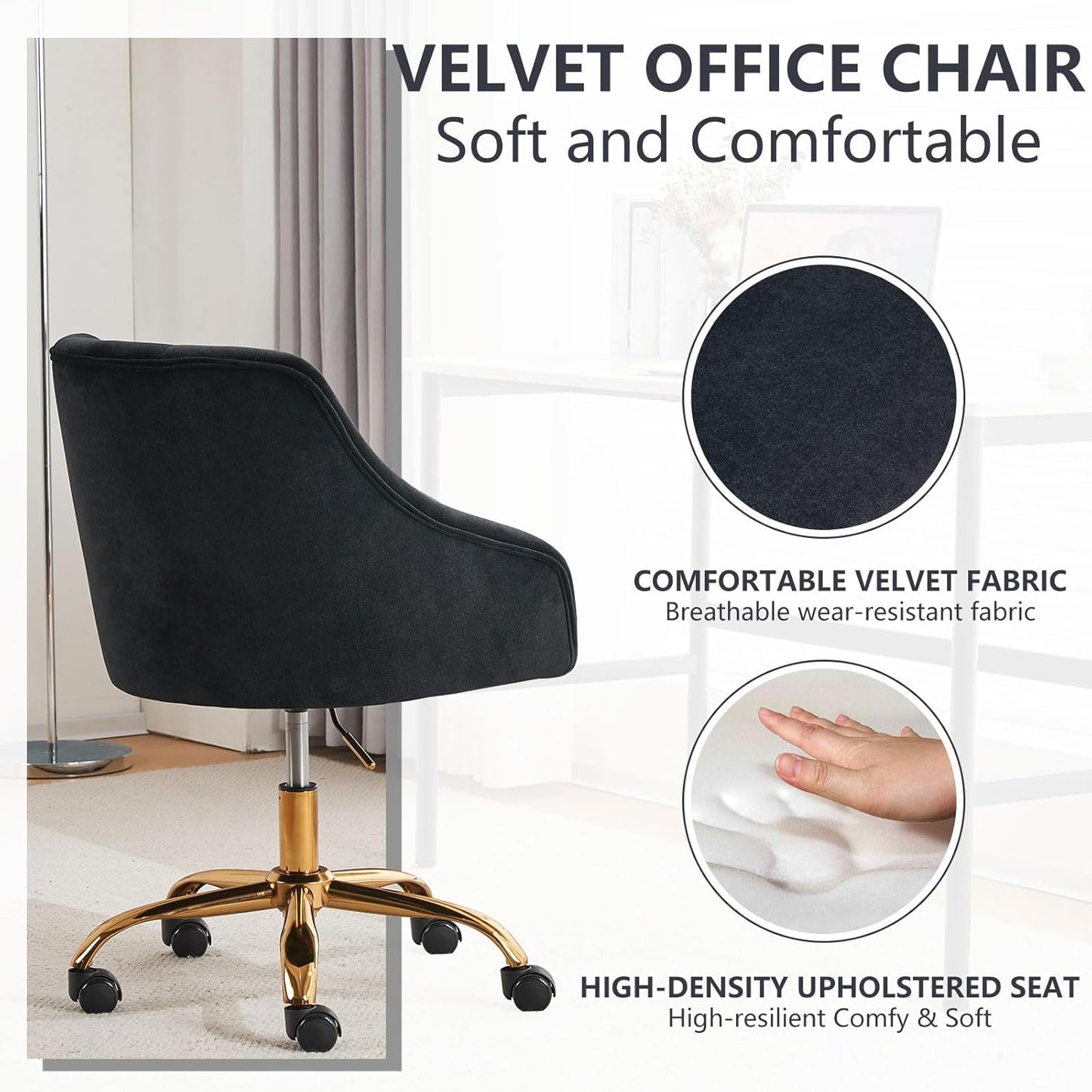 ATTICA Home Office Desk Chair Modern Velvet Office Chair Height Adjustable Computer Chair Mid-Back Swivel Task Chair Upholstered Velvet Desk Chair with Armrest for Study Bedroom Living Room(Black)