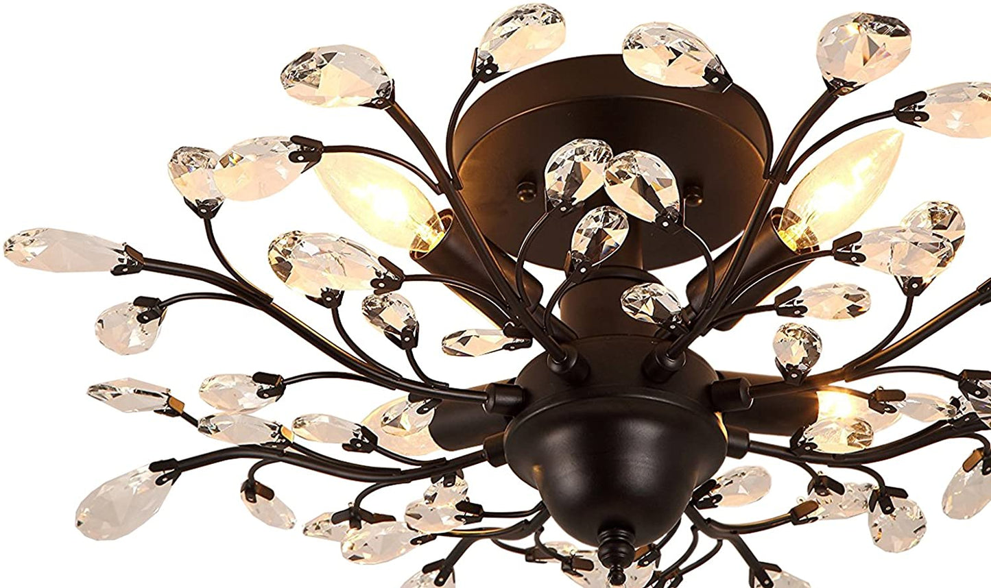 Seol-Light Vintage Crystal Branch Close to Ceiling Light Fixture Black Chandelier Flush Mount with 4 Light 160W 24.5" Dia;