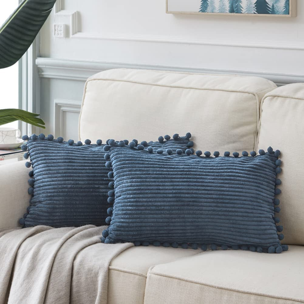 Fancy Homi Dark Gray Decorative Throw Pillow Covers 18X18 Inch with Pom Poms, Boho Farmhouse Home Decor, Soft Corduroy Accent Square Cushion Case for Living Room Couch Bed Sofa 45X45 Cm