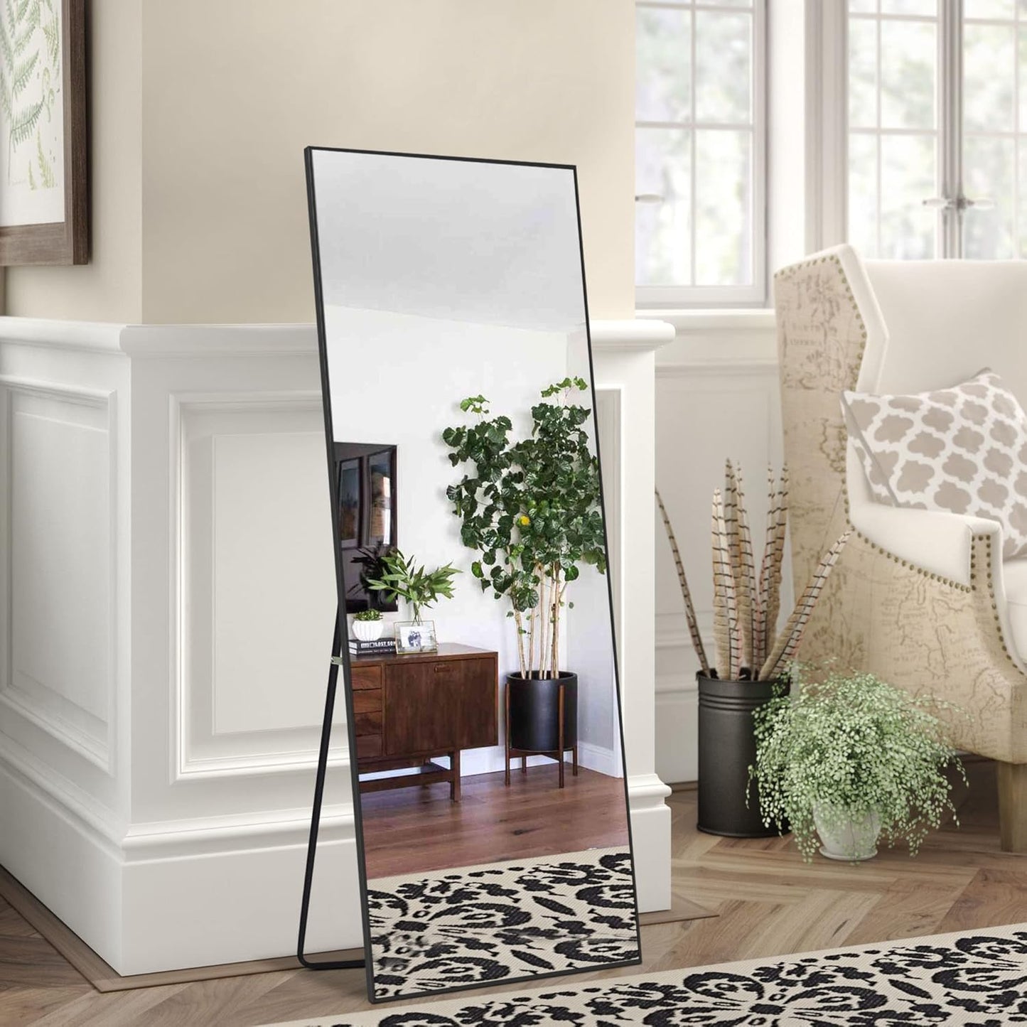 KIAYACI Arched Floor Mirror Wood Frame Wall Mounted Mirror Distressed Style Wide Frame Dressing Make up Mirror for Bathroom/Bedroom/Living Room/Dining Room/Entry/Farmhouse (Light Gray, 64" X 21")…