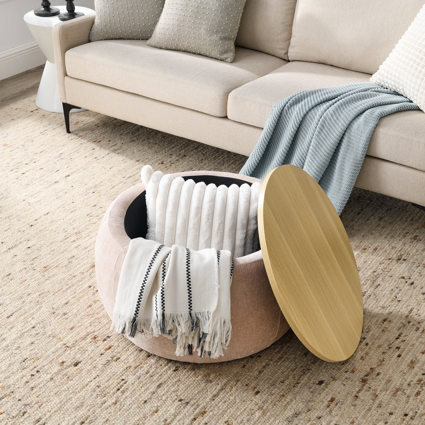 Round Storage Ottoman 2-in-1 Multi-Function Works as End Table and Ottoman