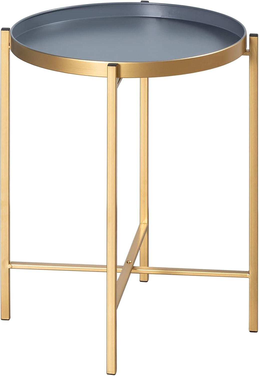 Hollyhome Small round Metal Tray End Table, (D) 14.96" X(H) 18.5", Accent Indoor&Outdoor Sofa Side Tea Table/Nightstand, Weather Resistant Coffee Table for Living Room, Balcony, Patio, Gold&Grey