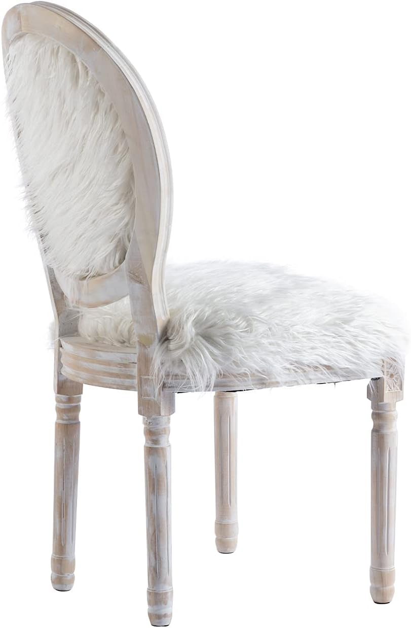 Kmax Faux Fur Elegant Kitchen Chairs Farmhouse Dining Room Chairs Bedroom Vanity Chairs Wood Legs with round Back, White