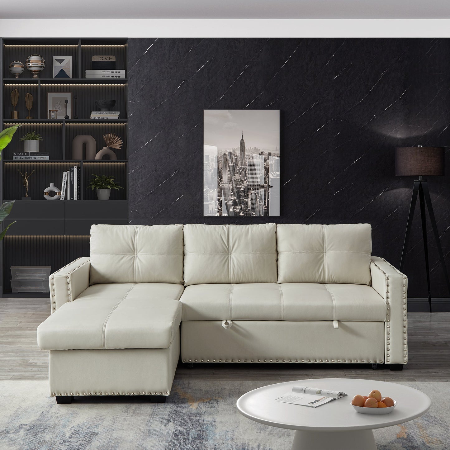 88" Convertible Pull Out Sofa Bed with Storage Chaise Sofa Bed