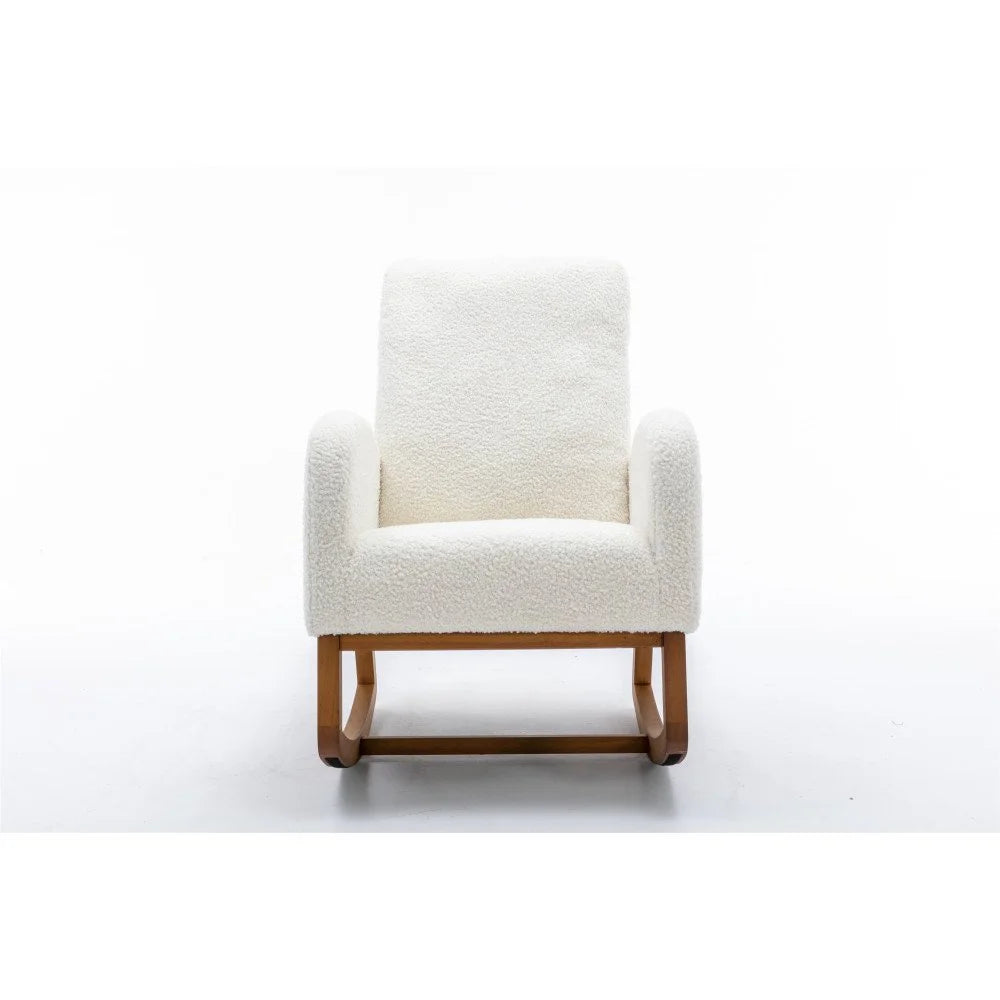 Nursery Rocking Chairs, Upholstered Fabric Nursery Chairs with Tall Back and Side Pocket, Nursing Chair with Rubber Wood Legs, Rocker Glider Chair, White Teddy