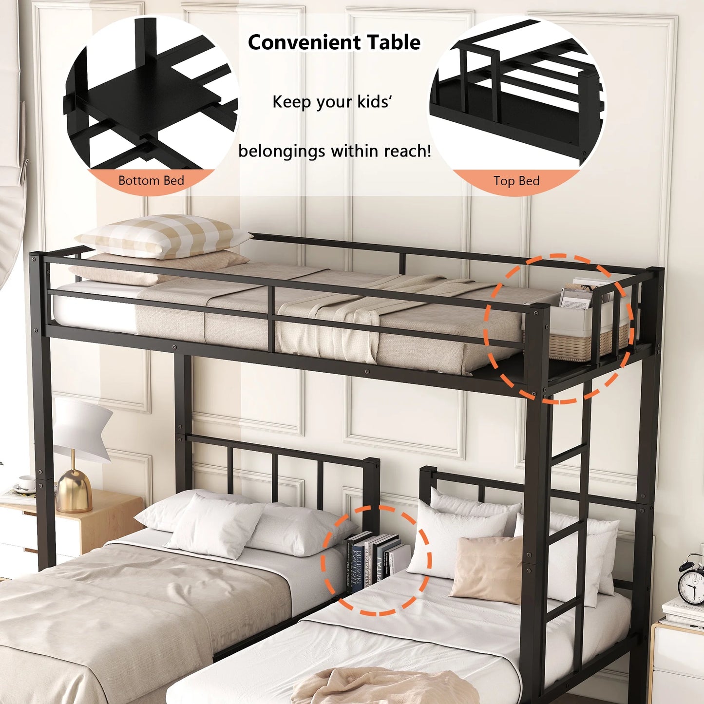Metal Twin Triple Bunk Bed, Twin over Twin over Twin Bunk Bed for 3 Kids, Noise Reduced Structure, Separates into 3 Twin Beds, Black