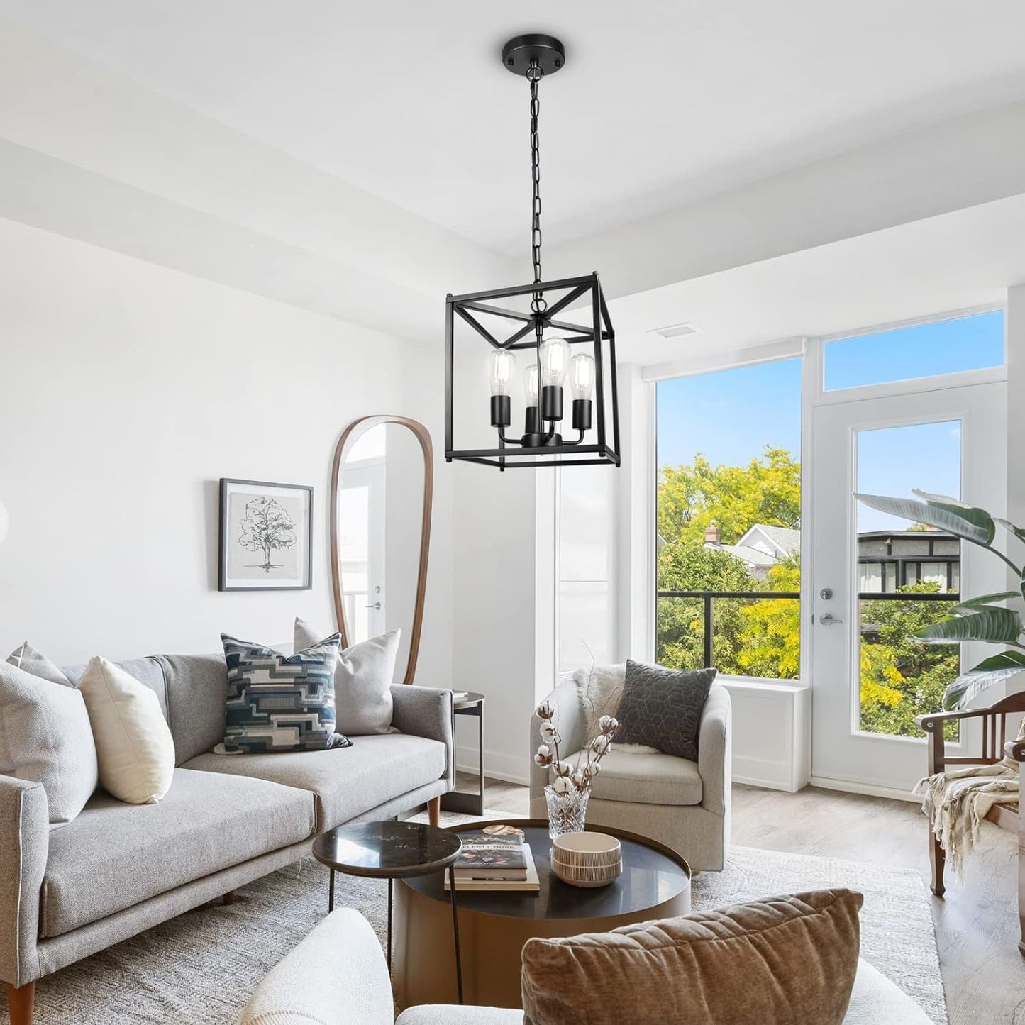 4-Light Black Farmhouse Chandelier, Iron Lantern Pendant Light Rustic