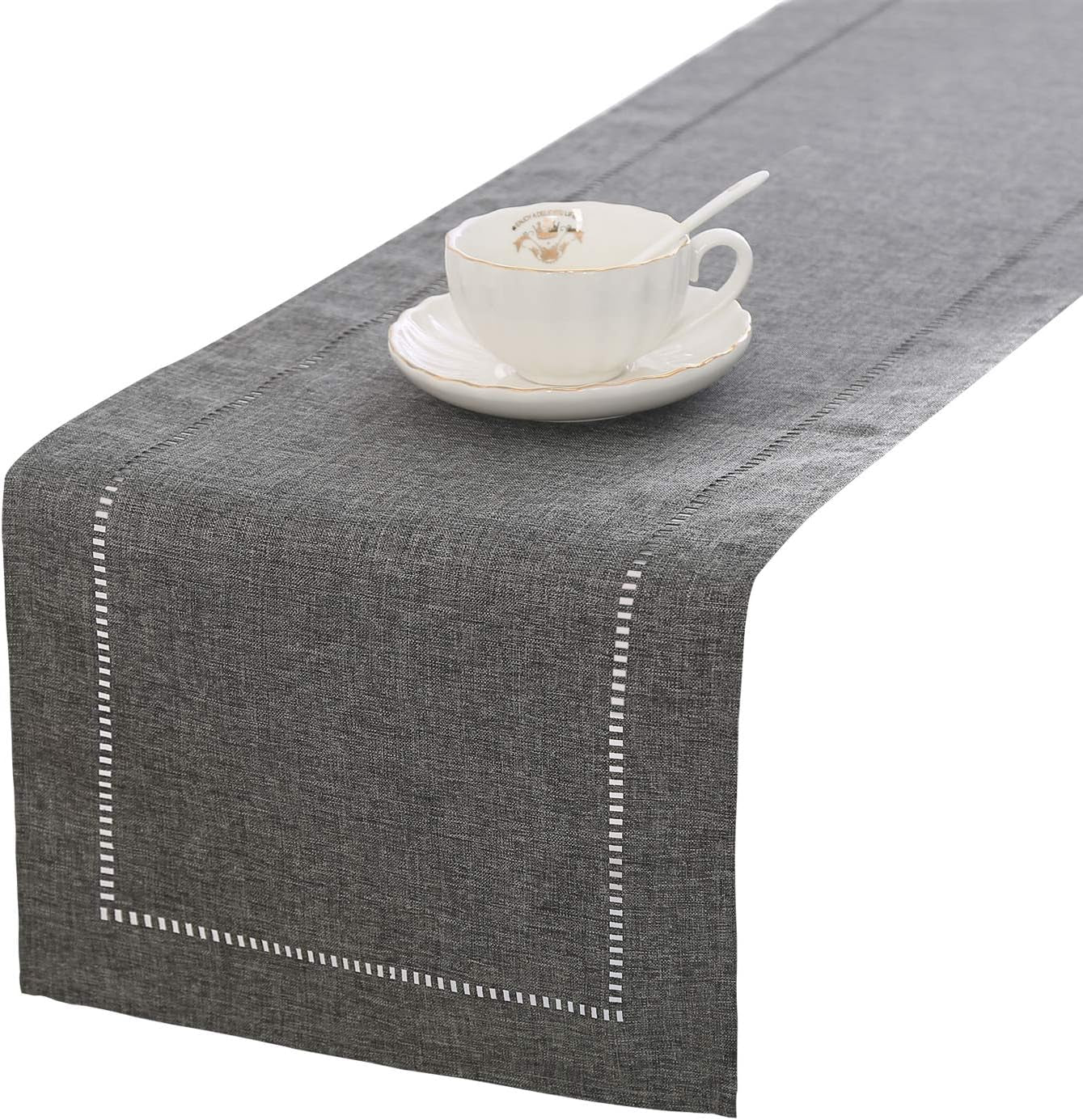 Tosewever Decorative Hemstitch Linen Table Runner Farmhouse Style Tabletop Collection Handcrafted Table Runners for Everyday Dining Wedding Party Holiday Home Decor (14 X 72 Inches, Grey)