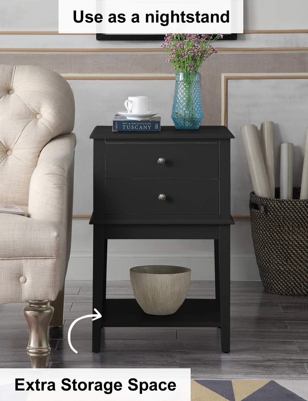 Black Nightstand with 2 Drawers for Bedrooms Tall 28", Big Wooden Bed Night Stand, Large Modern 19" Side End Table for Living Room