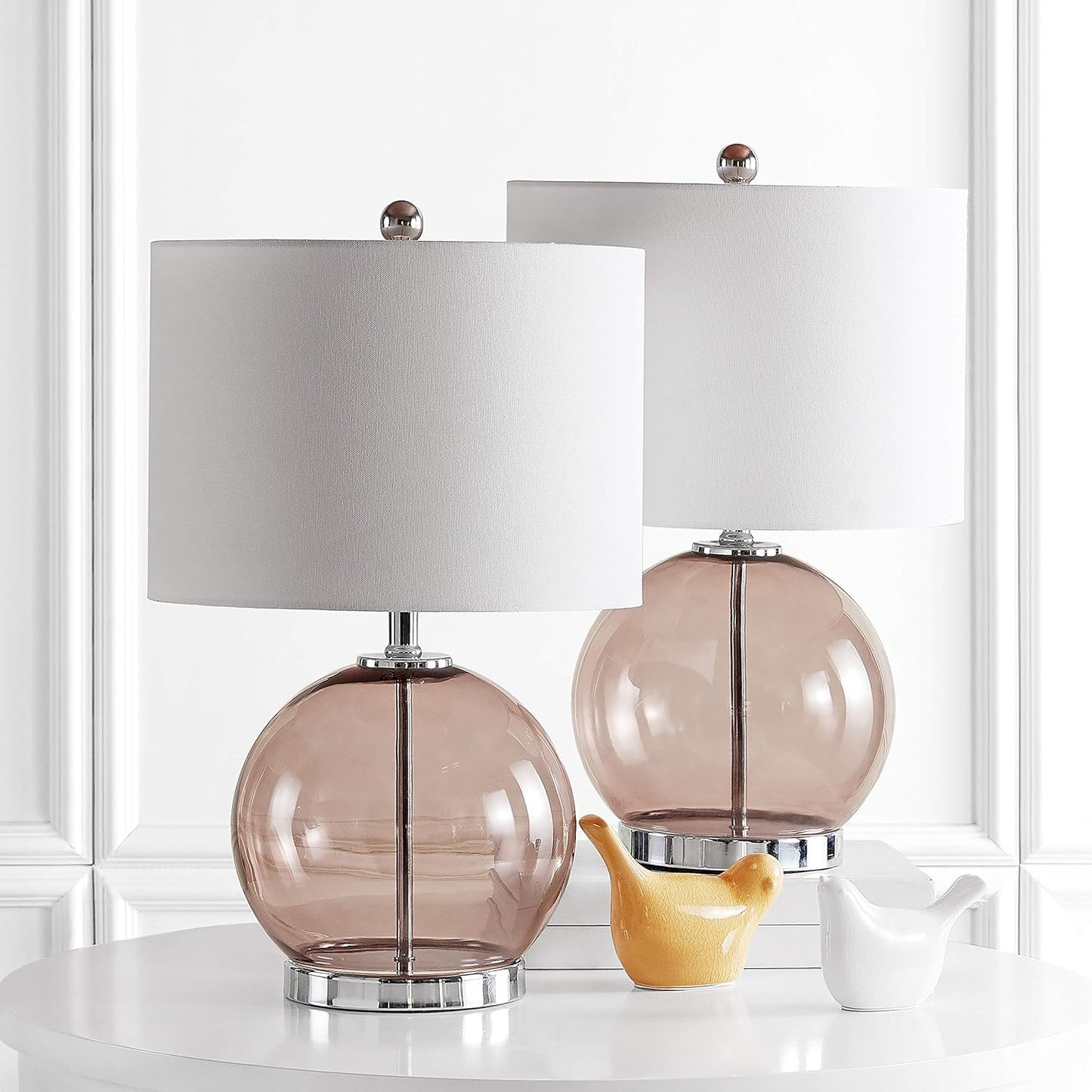 SAFAVIEH Lighting Collection Lonni Smoked Grey Glass 23-Inch Bedroom Living Room Home Office Desk Nightstand round Table Lamp Set of 2 (LED Bulbs Included)