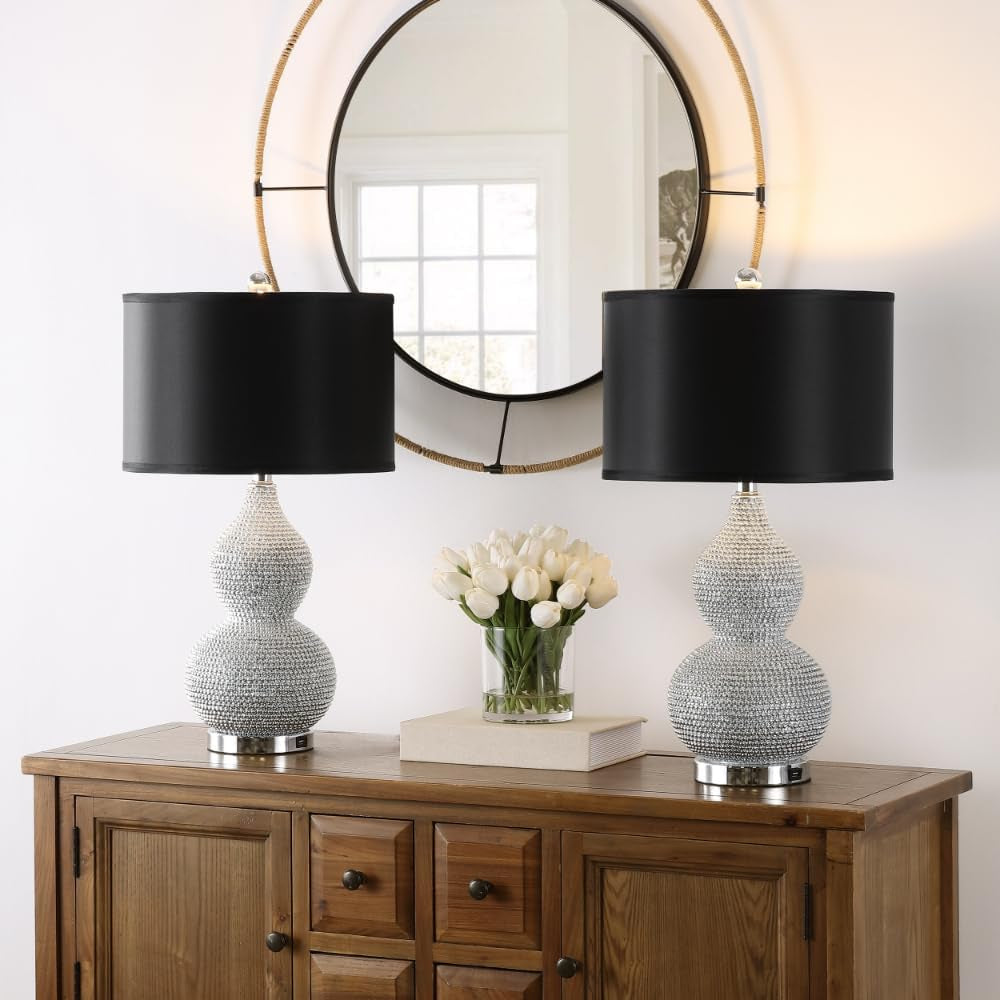 SAFAVIEH Lighting Collection Nicole Modern Silver Bead Base/ Black Shade 25-Inch Bedroom Living Room Home Office Desk Nightstand Table Lamp Set of 2 (LED Bulbs Included)