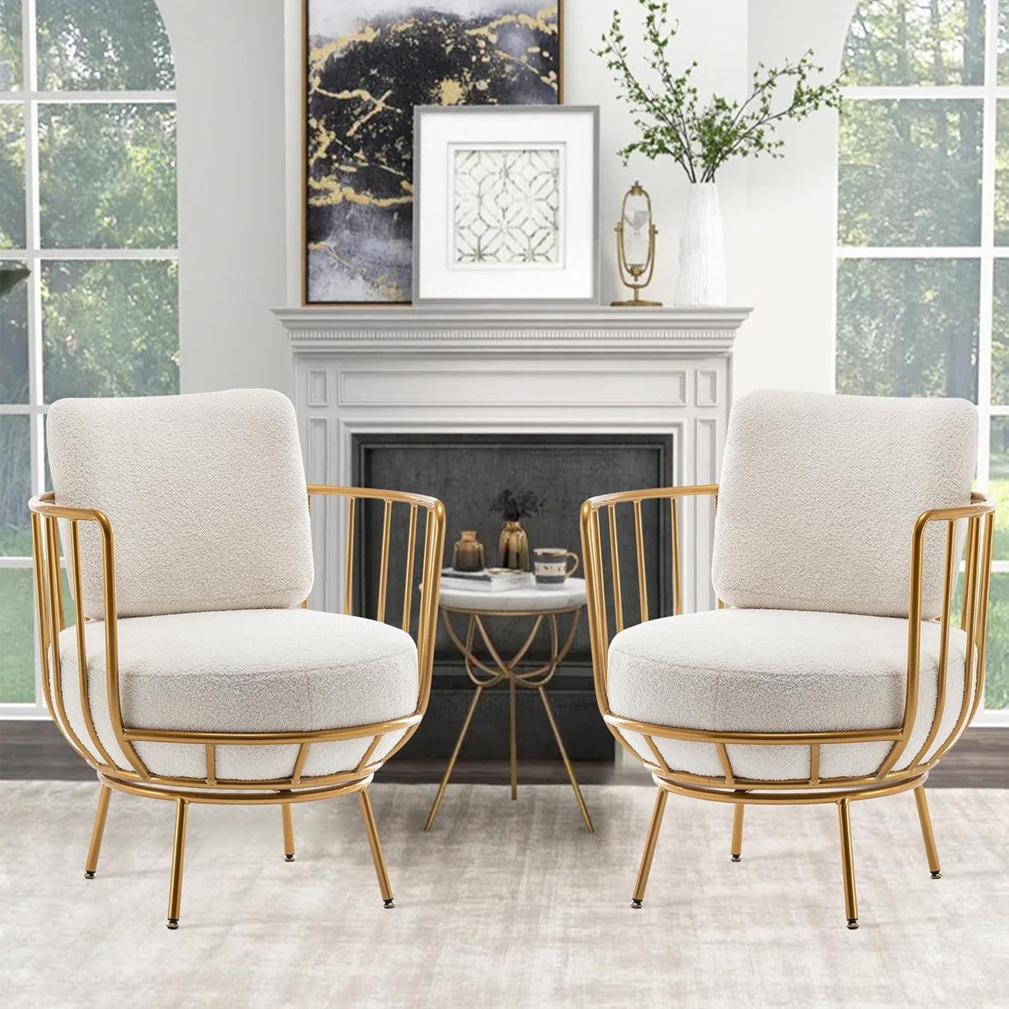 Annjoe Accent Chair Swivel Barrel White Faux Fur Chair round Armchair with Metal Frame Legs for Living Room Bedroom