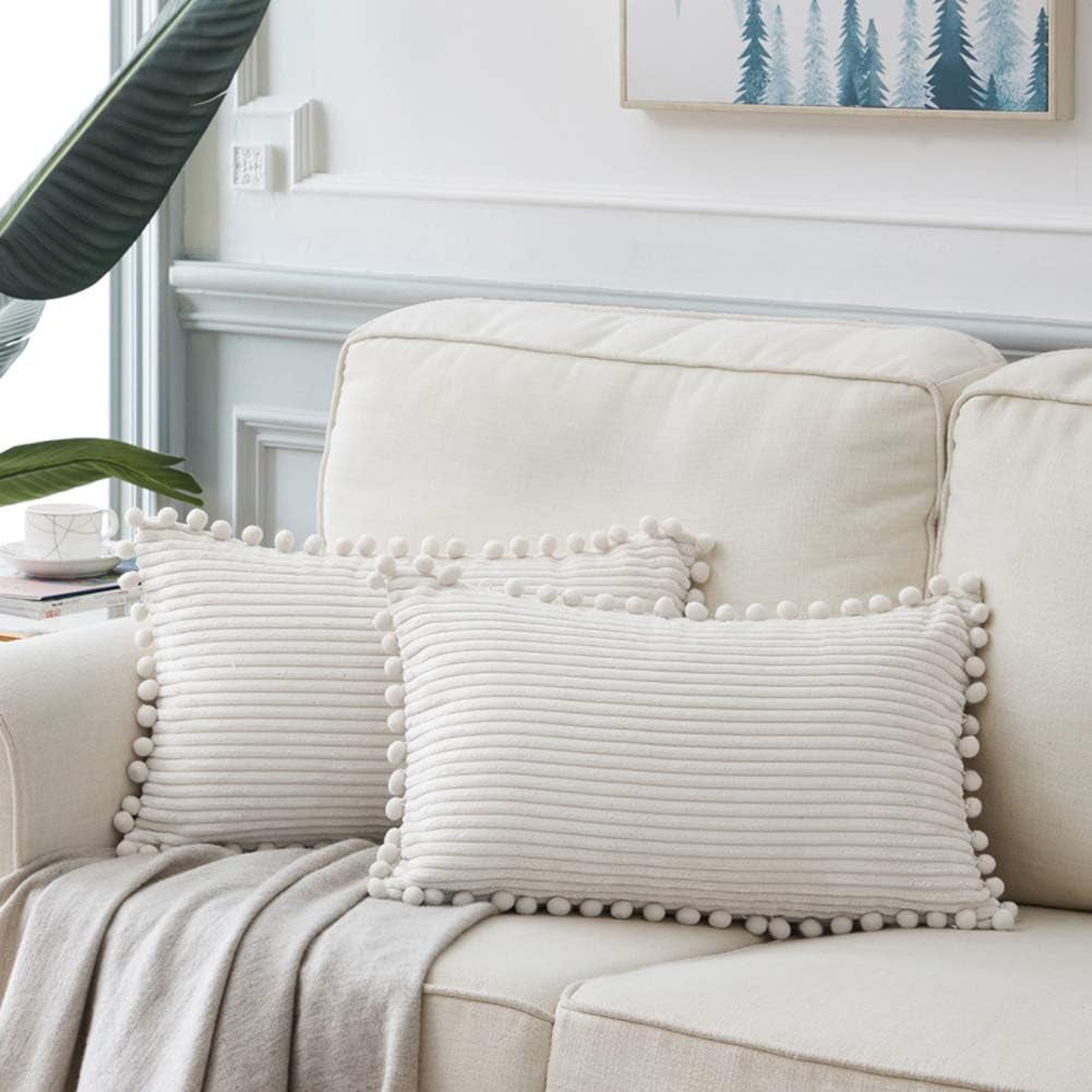 Fancy Homi Dark Gray Decorative Throw Pillow Covers 18X18 Inch with Pom Poms, Boho Farmhouse Home Decor, Soft Corduroy Accent Square Cushion Case for Living Room Couch Bed Sofa 45X45 Cm