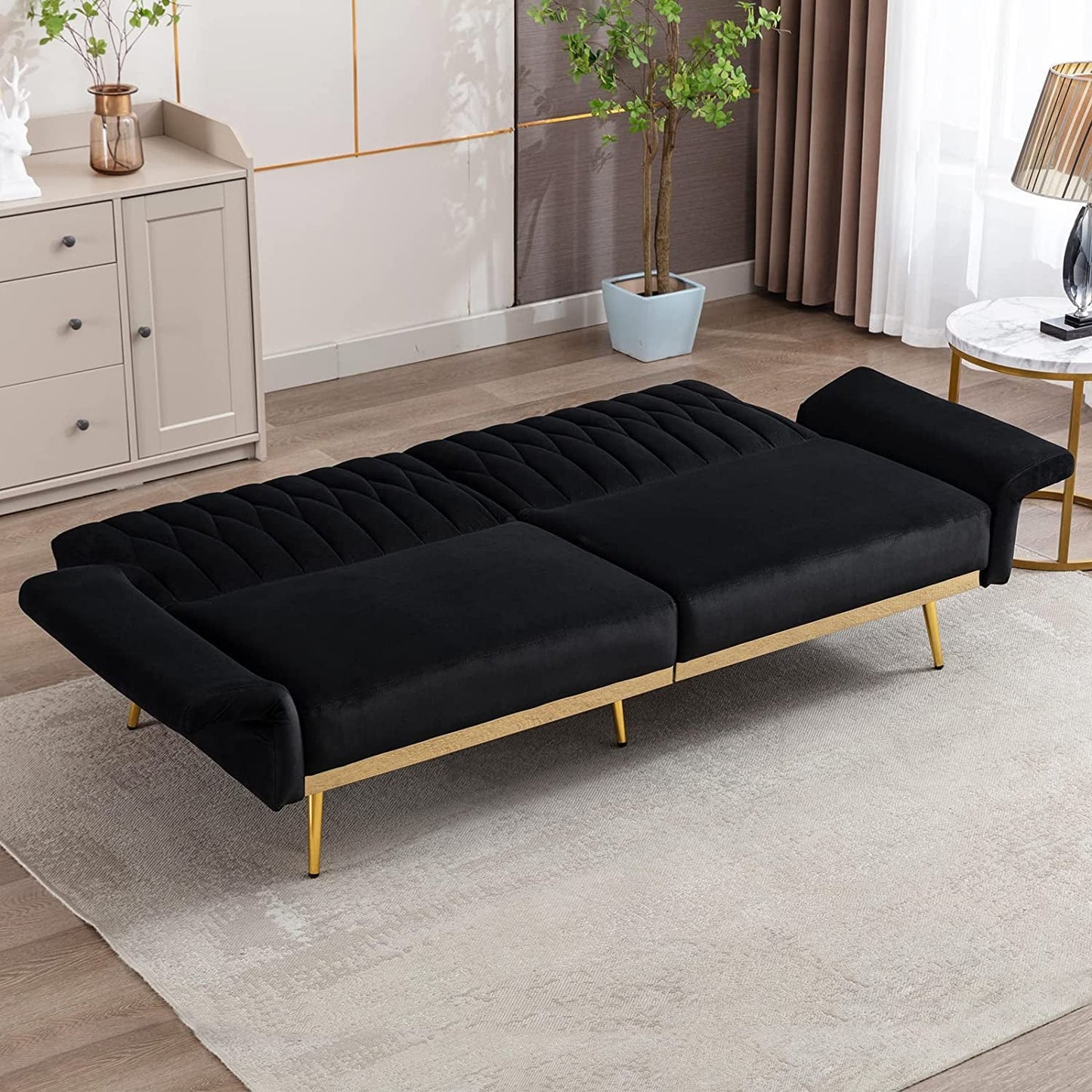 Black Velvet Convertible Sofa Bed with Metal Legs