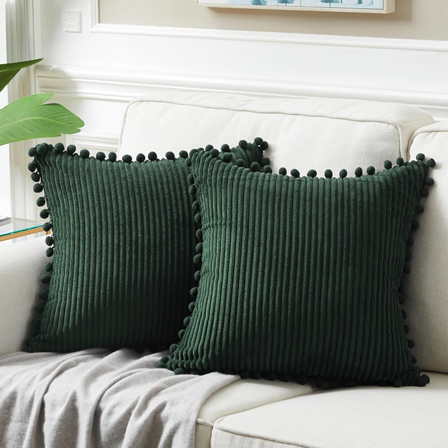 Fancy Homi Dark Gray Decorative Throw Pillow Covers 18X18 Inch with Pom Poms, Boho Farmhouse Home Decor, Soft Corduroy Accent Square Cushion Case for Living Room Couch Bed Sofa 45X45 Cm