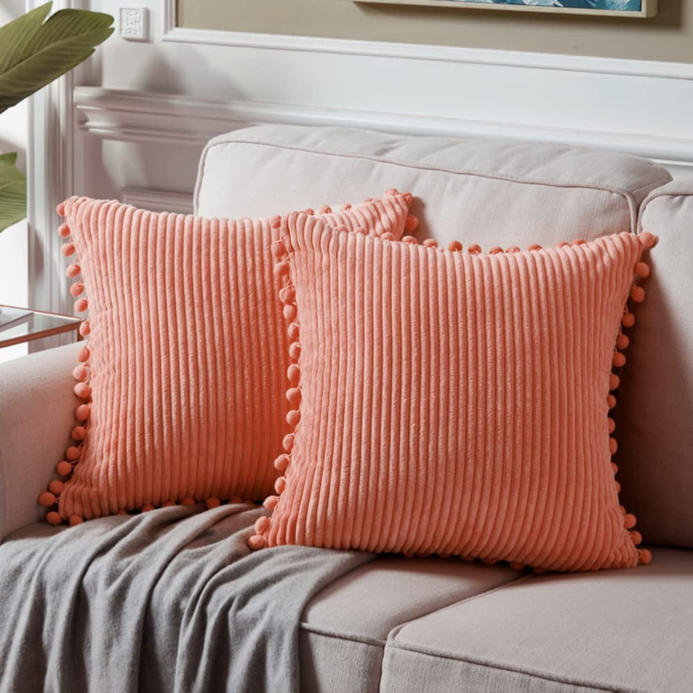 Fancy Homi Dark Gray Decorative Throw Pillow Covers 18X18 Inch with Pom Poms, Boho Farmhouse Home Decor, Soft Corduroy Accent Square Cushion Case for Living Room Couch Bed Sofa 45X45 Cm