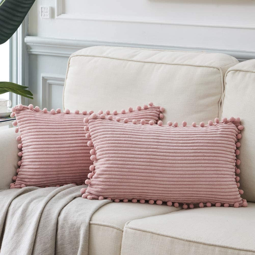 Fancy Homi Dark Gray Decorative Throw Pillow Covers 18X18 Inch with Pom Poms, Boho Farmhouse Home Decor, Soft Corduroy Accent Square Cushion Case for Living Room Couch Bed Sofa 45X45 Cm