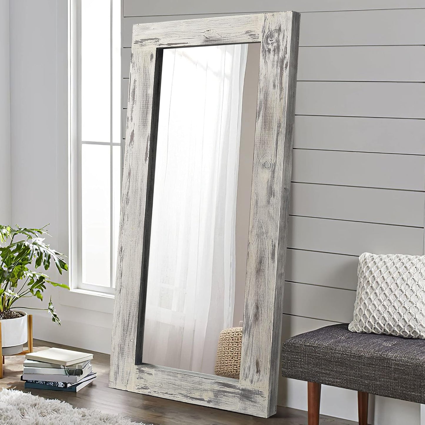 KIAYACI Arched Floor Mirror Wood Frame Wall Mounted Mirror Distressed Style Wide Frame Dressing Make up Mirror for Bathroom/Bedroom/Living Room/Dining Room/Entry/Farmhouse (Light Gray, 64" X 21")…