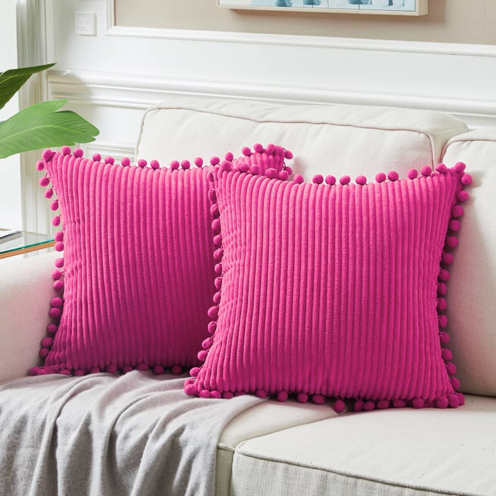 Fancy Homi Dark Gray Decorative Throw Pillow Covers 18X18 Inch with Pom Poms, Boho Farmhouse Home Decor, Soft Corduroy Accent Square Cushion Case for Living Room Couch Bed Sofa 45X45 Cm
