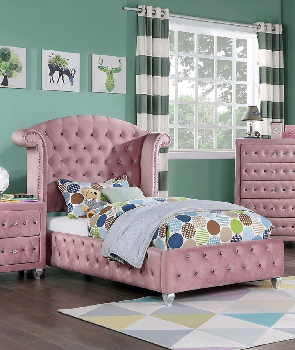 Glam Contemporary Pink Flannelette Upholstered 1pc Twin Size Bed Cabriole Legs Wingback Design Bedroom Furniture