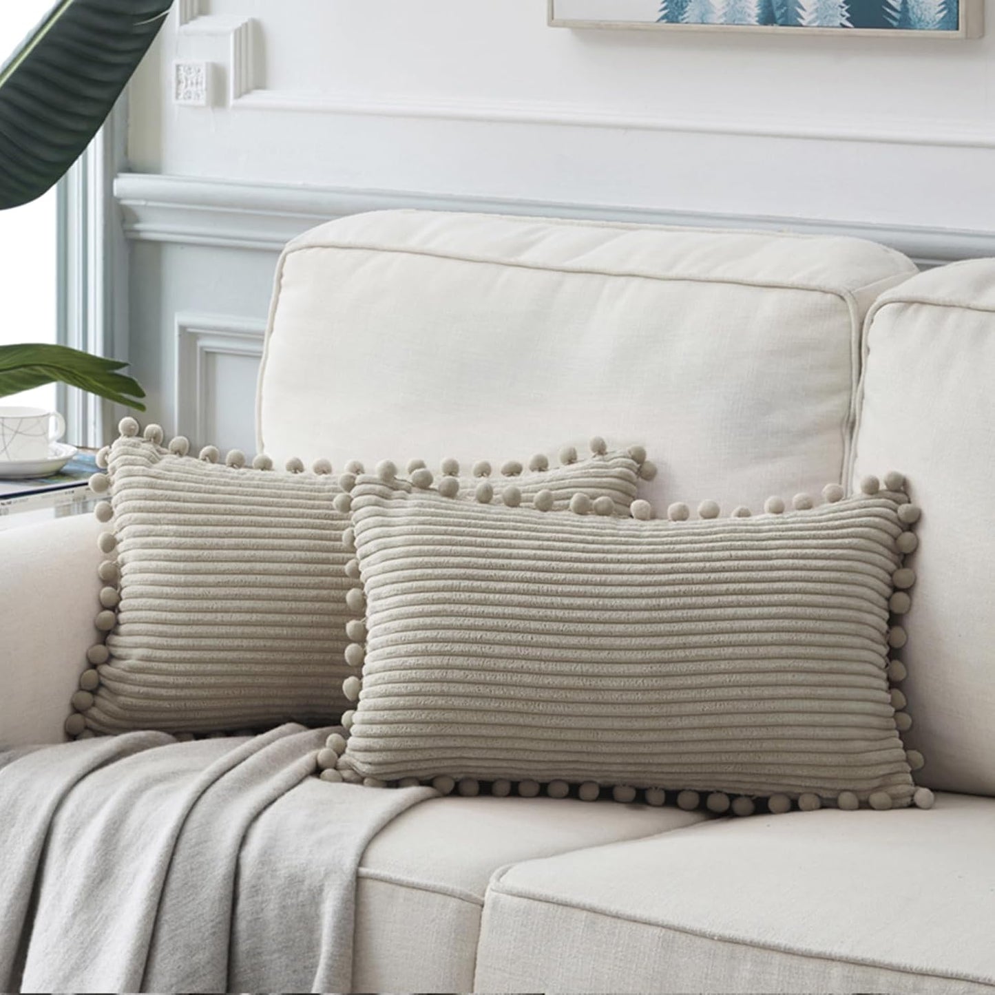 Fancy Homi Dark Gray Decorative Throw Pillow Covers 18X18 Inch with Pom Poms, Boho Farmhouse Home Decor, Soft Corduroy Accent Square Cushion Case for Living Room Couch Bed Sofa 45X45 Cm