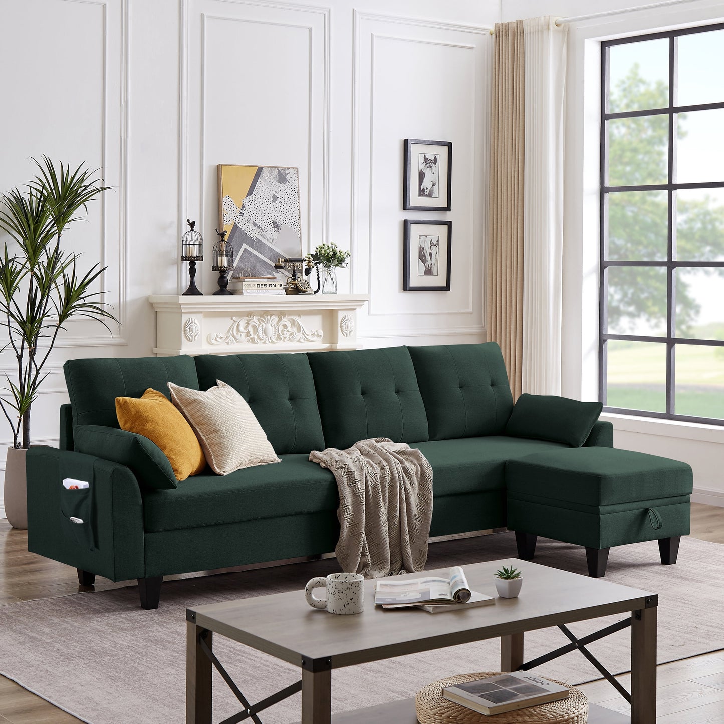 Versatile 4-Seat L-Shaped Sectional Sofa with Reversible Storage Ottoman & Side Pockets – Perfect for Living Room, Office, or Apartment Green