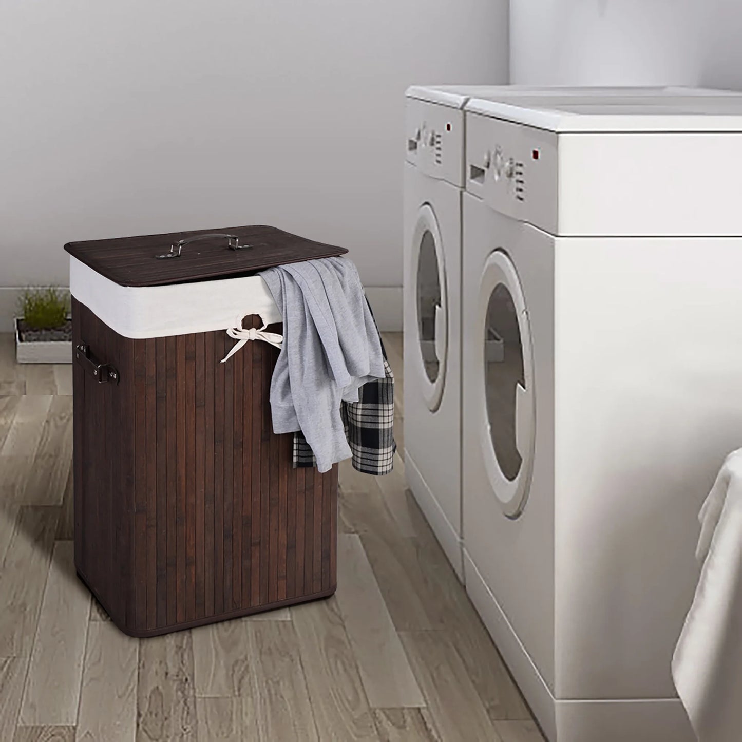 Tall Portable Laundry Basket, Deep Brown & White