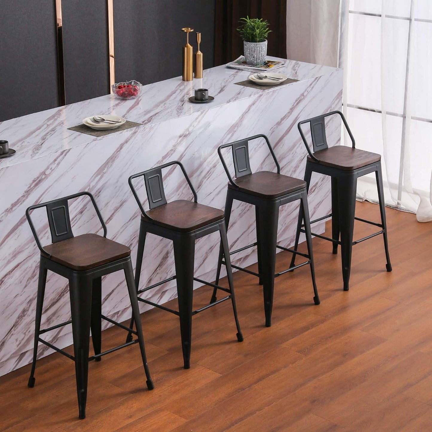 26β³ Metal Counter Stools with Wood Top (Set/4)