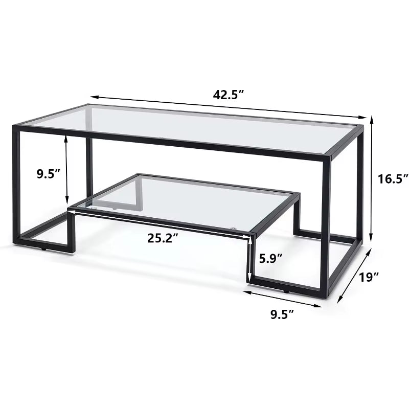 Glass Coffee Table, Brass Accent Modern Tempered Glass Side Table, Additional Storage Shelf & Metal Frame, for Living Room Home
