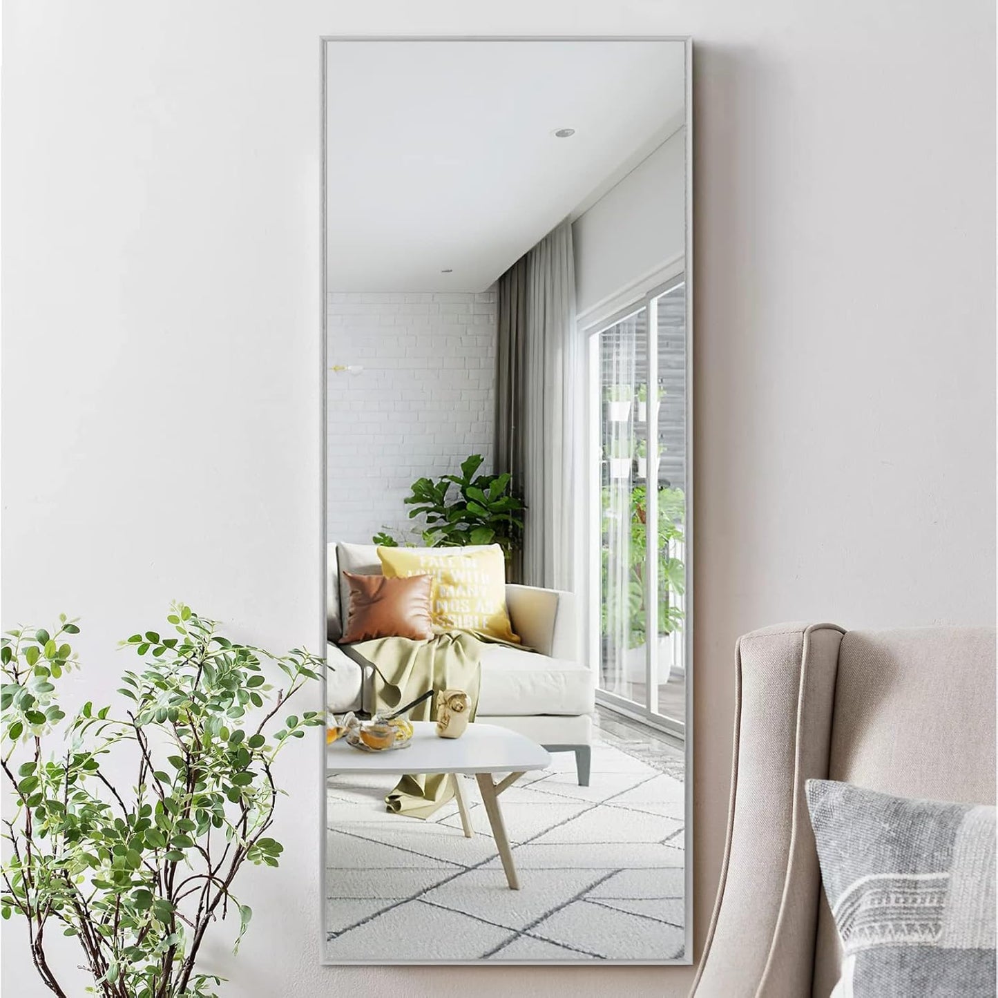 KIAYACI Arched Floor Mirror Wood Frame Wall Mounted Mirror Distressed Style Wide Frame Dressing Make up Mirror for Bathroom/Bedroom/Living Room/Dining Room/Entry/Farmhouse (Light Gray, 64" X 21")…