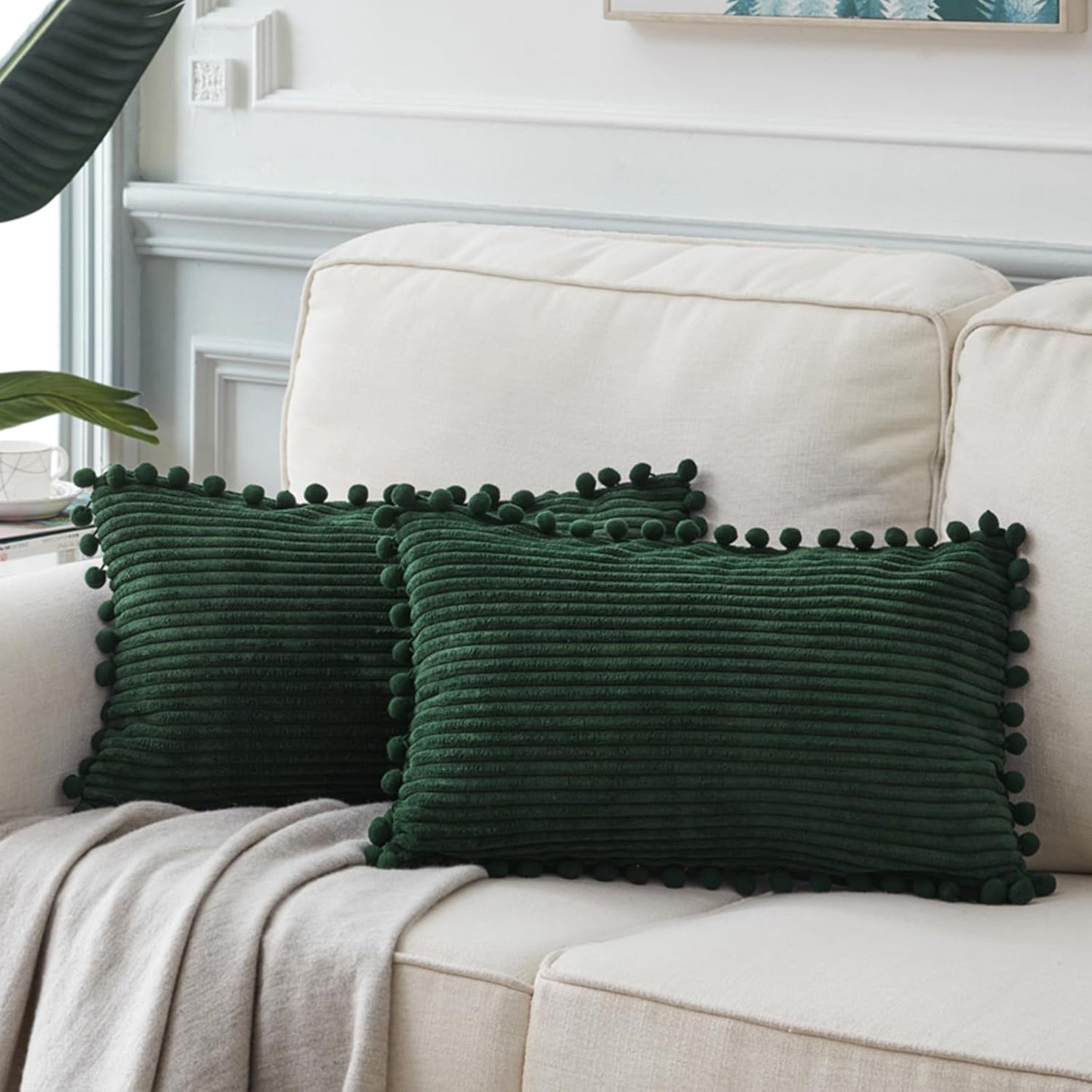 Fancy Homi Dark Gray Decorative Throw Pillow Covers 18X18 Inch with Pom Poms, Boho Farmhouse Home Decor, Soft Corduroy Accent Square Cushion Case for Living Room Couch Bed Sofa 45X45 Cm