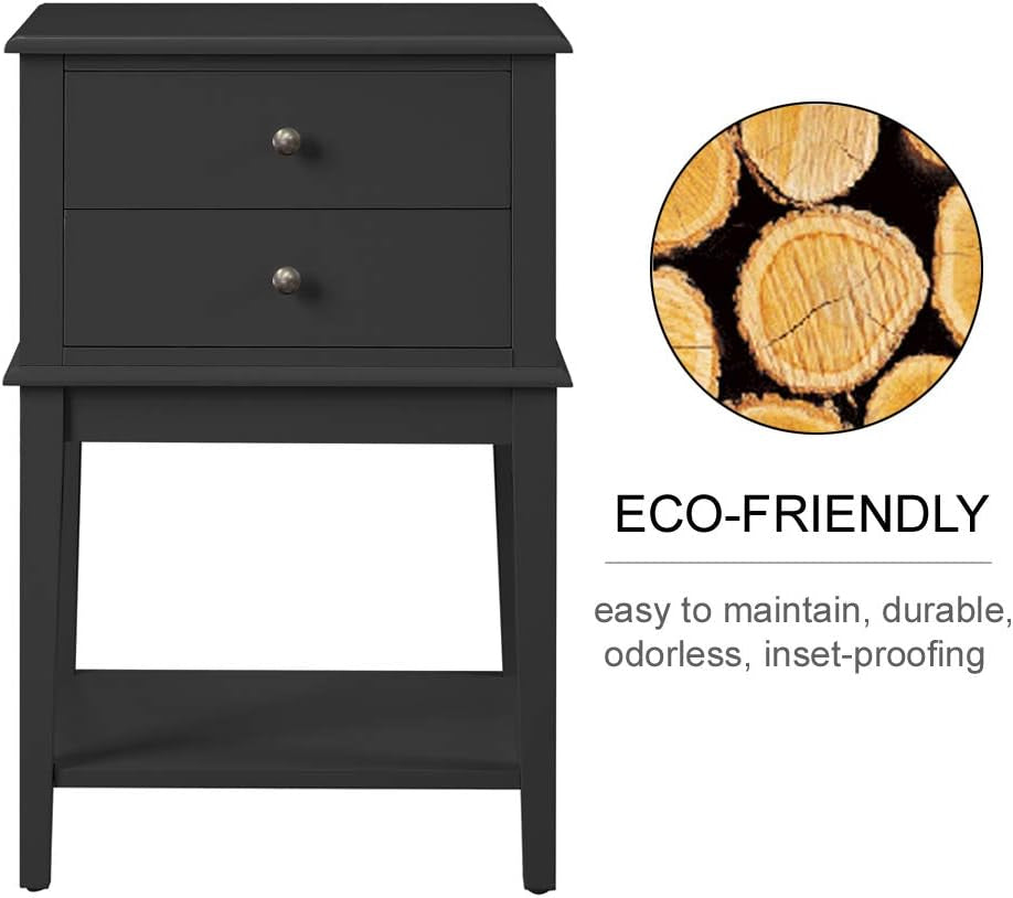 Black Nightstand with 2 Drawers for Bedrooms Tall 28", Big Wooden Bed Night Stand, Large Modern 19" Side End Table for Living Room