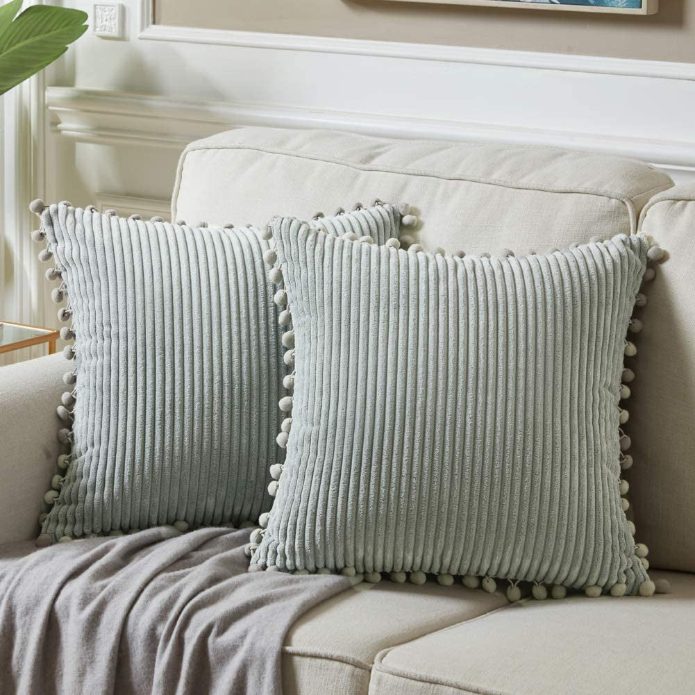 Fancy Homi Dark Gray Decorative Throw Pillow Covers 18X18 Inch with Pom Poms, Boho Farmhouse Home Decor, Soft Corduroy Accent Square Cushion Case for Living Room Couch Bed Sofa 45X45 Cm