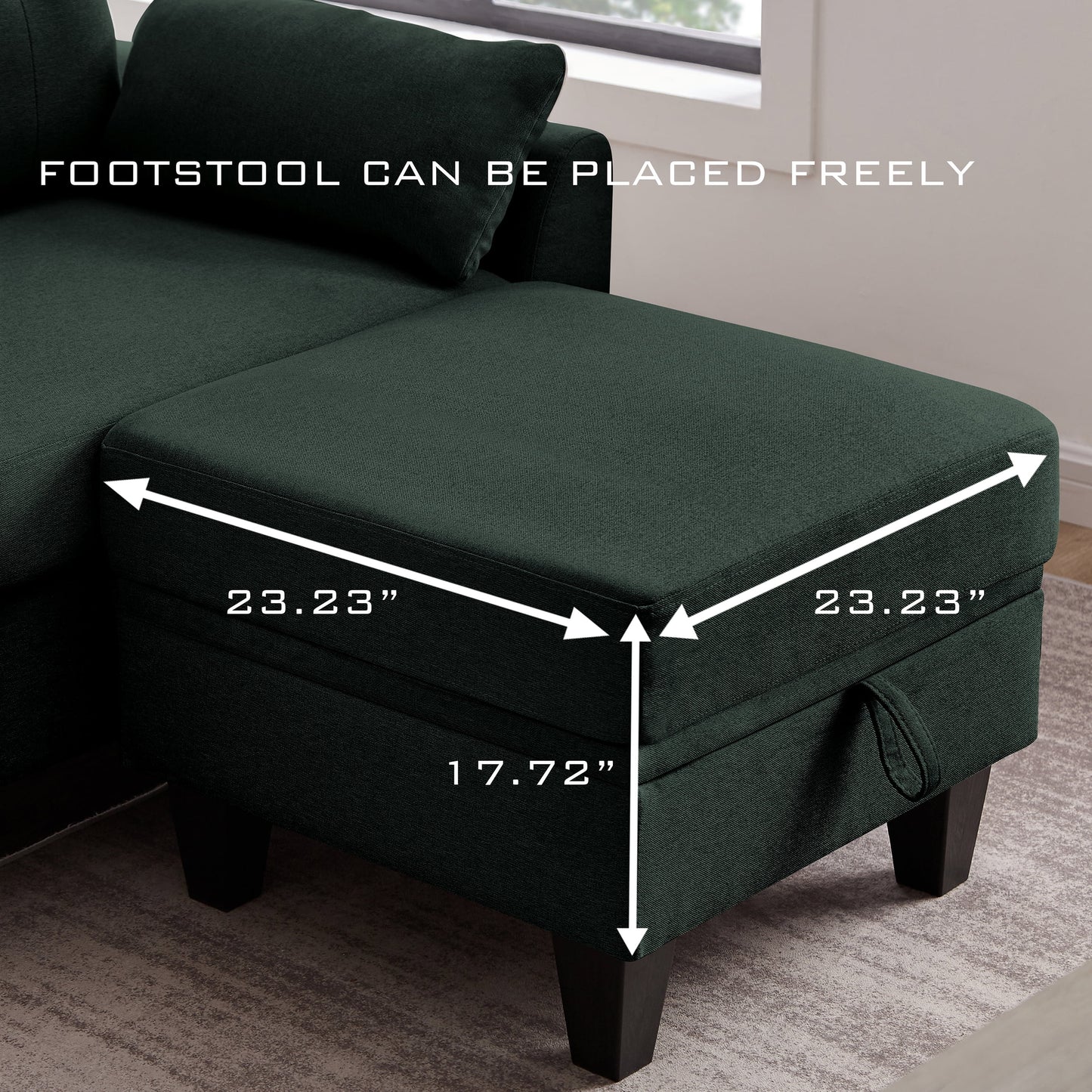 Versatile 4-Seat L-Shaped Sectional Sofa with Reversible Storage Ottoman & Side Pockets – Perfect for Living Room, Office, or Apartment Green