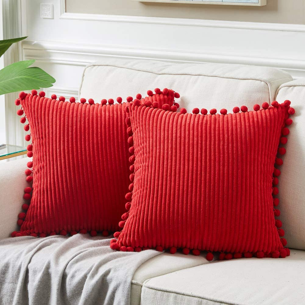 Fancy Homi Dark Gray Decorative Throw Pillow Covers 18X18 Inch with Pom Poms, Boho Farmhouse Home Decor, Soft Corduroy Accent Square Cushion Case for Living Room Couch Bed Sofa 45X45 Cm
