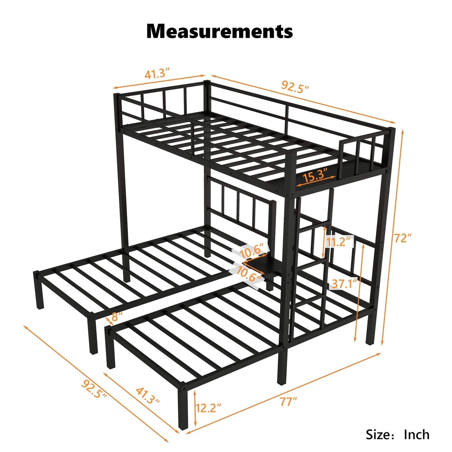 Metal Twin Triple Bunk Bed, Twin over Twin over Twin Bunk Bed for 3 Kids, Noise Reduced Structure, Separates into 3 Twin Beds, Black