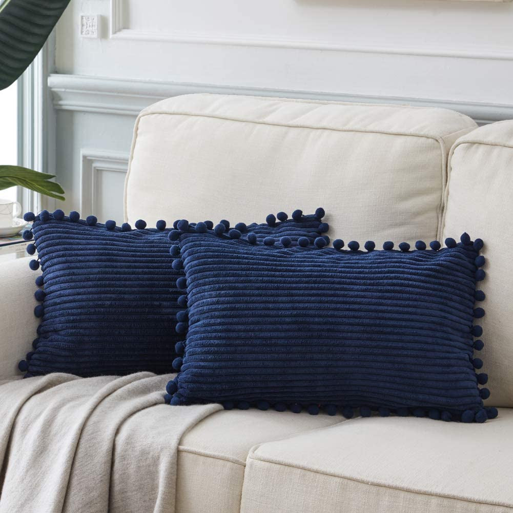 Fancy Homi Dark Gray Decorative Throw Pillow Covers 18X18 Inch with Pom Poms, Boho Farmhouse Home Decor, Soft Corduroy Accent Square Cushion Case for Living Room Couch Bed Sofa 45X45 Cm