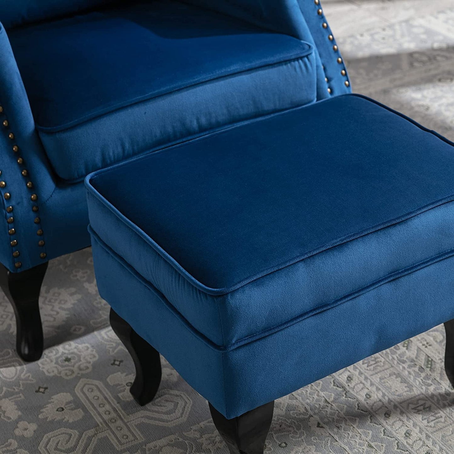 Blue Velvet Wingback Chair and Ottoman Set