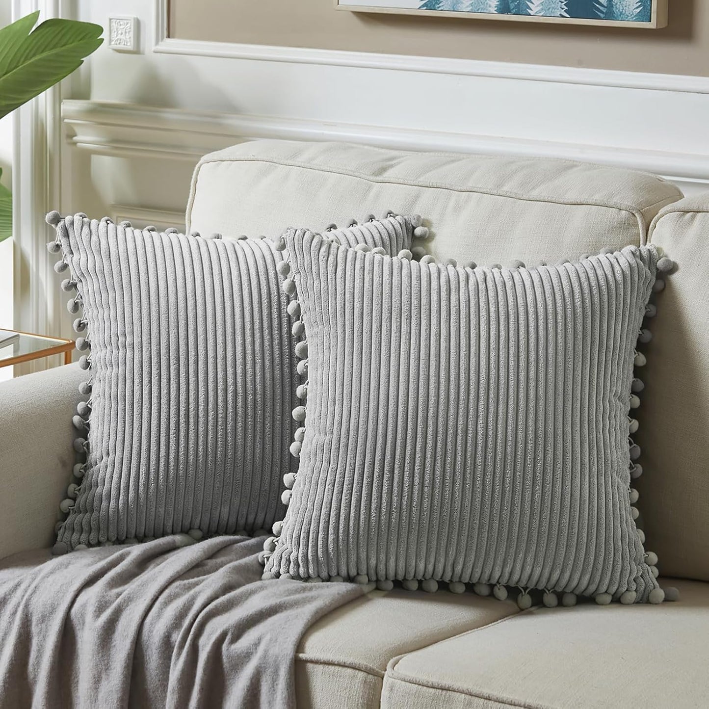 Fancy Homi Dark Gray Decorative Throw Pillow Covers 18X18 Inch with Pom Poms, Boho Farmhouse Home Decor, Soft Corduroy Accent Square Cushion Case for Living Room Couch Bed Sofa 45X45 Cm