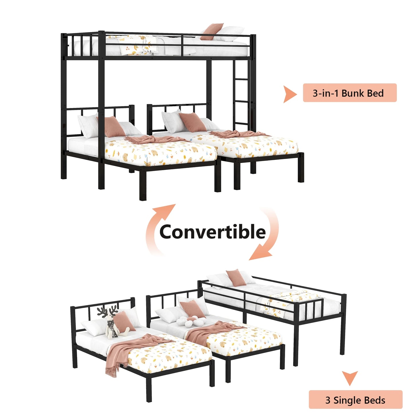 Metal Twin Triple Bunk Bed, Twin over Twin over Twin Bunk Bed for 3 Kids, Noise Reduced Structure, Separates into 3 Twin Beds, Black