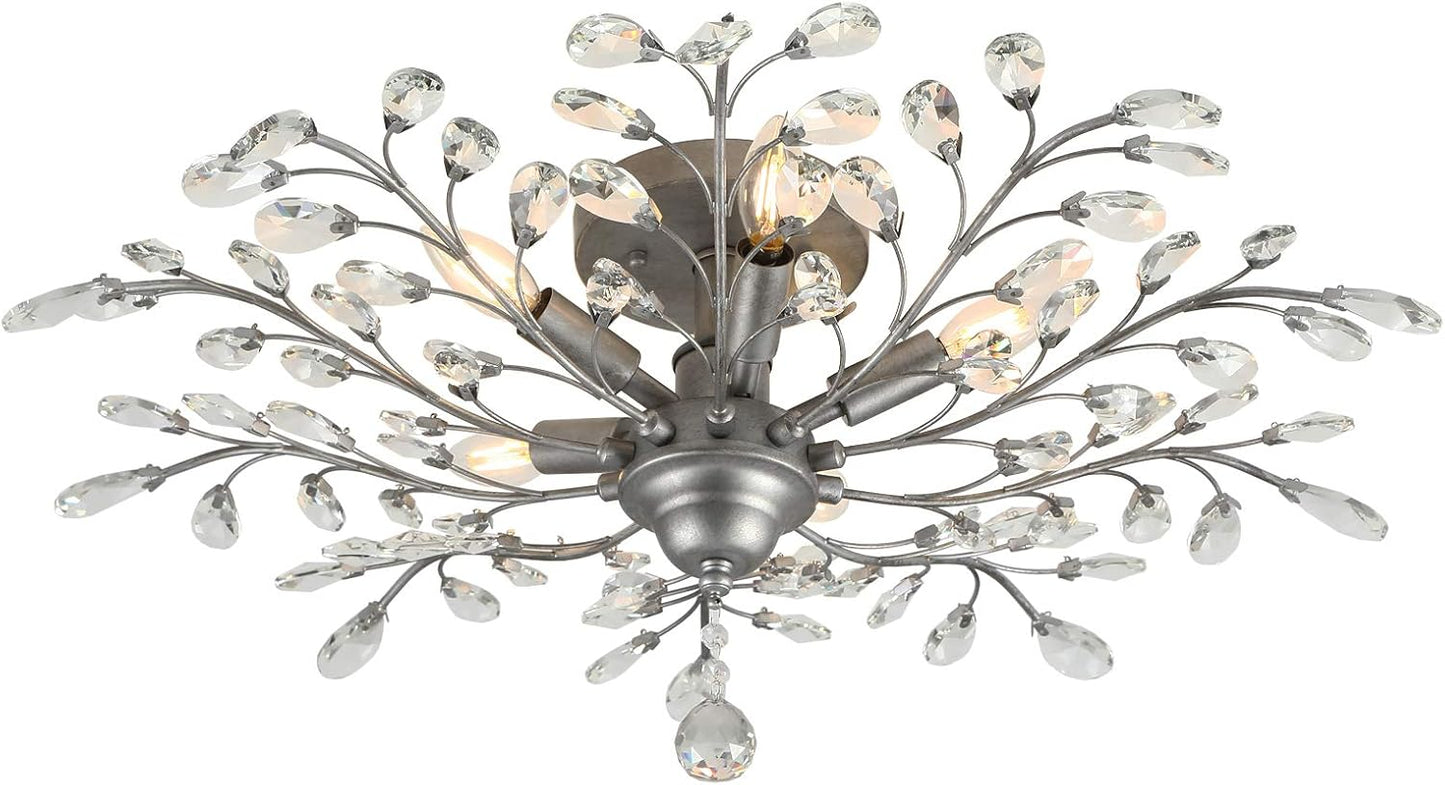 Seol-Light Vintage Crystal Branch Close to Ceiling Light Fixture Black Chandelier Flush Mount with 4 Light 160W 24.5" Dia;