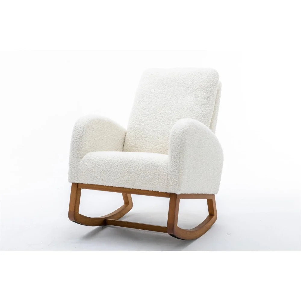 Nursery Rocking Chairs, Upholstered Fabric Nursery Chairs with Tall Back and Side Pocket, Nursing Chair with Rubber Wood Legs, Rocker Glider Chair, White Teddy