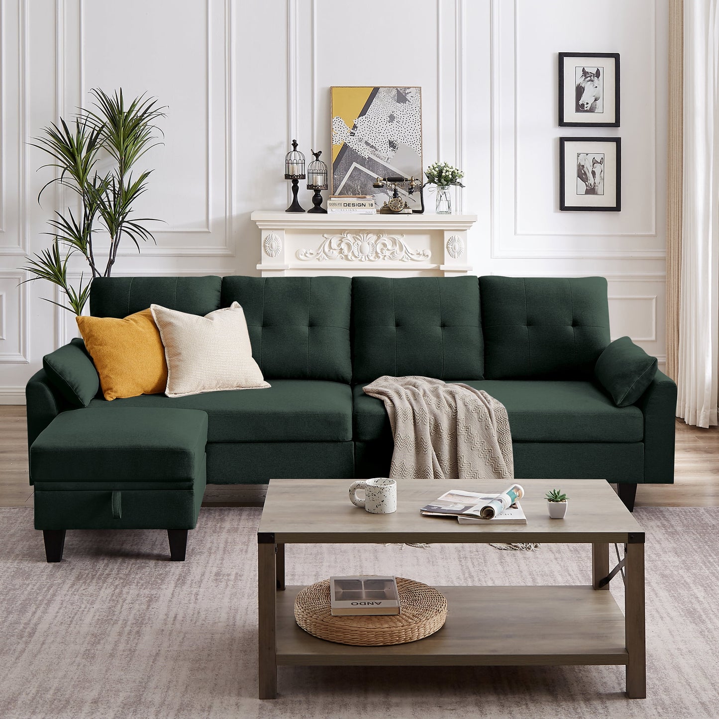 Versatile 4-Seat L-Shaped Sectional Sofa with Reversible Storage Ottoman & Side Pockets – Perfect for Living Room, Office, or Apartment Green