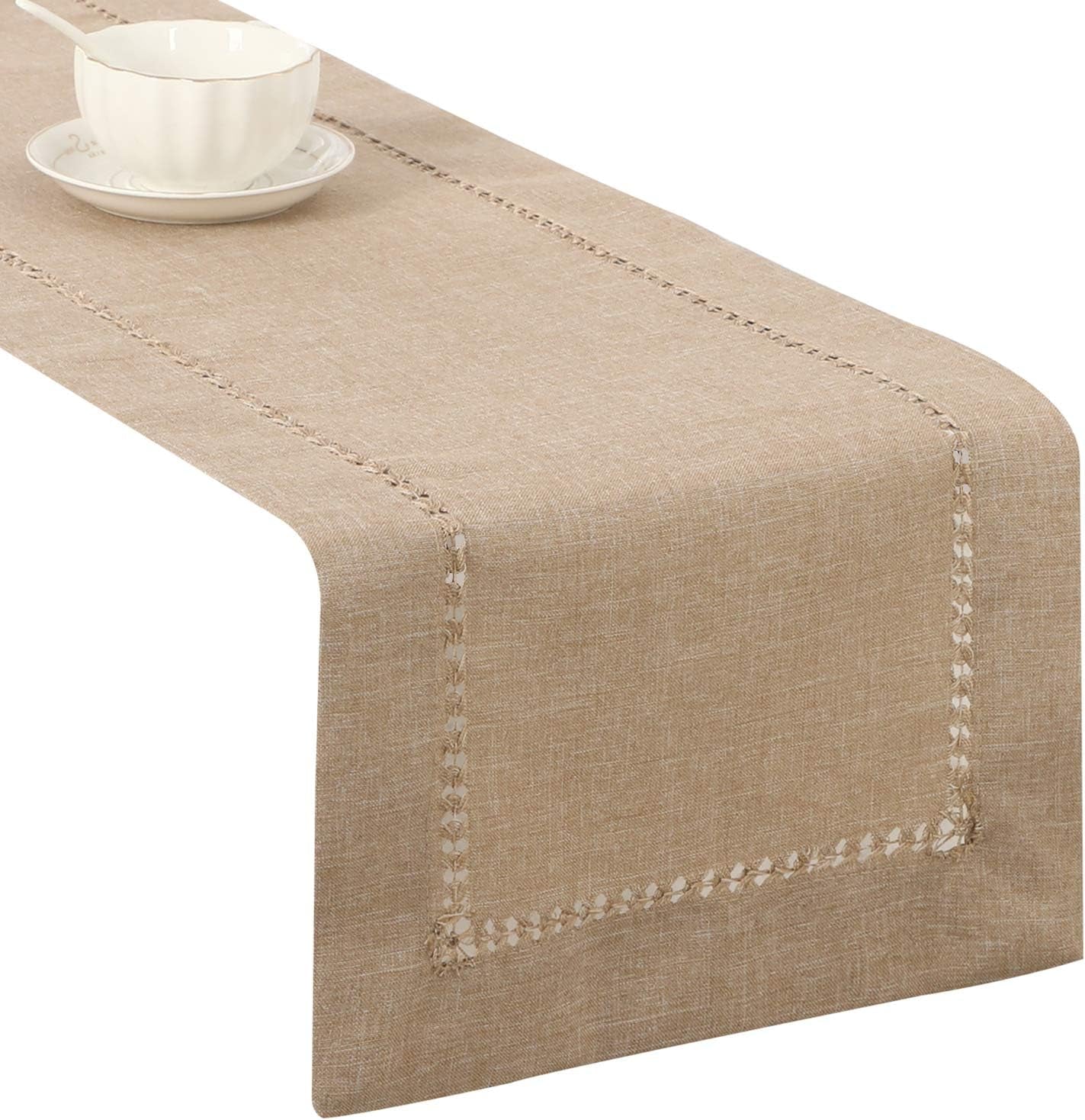Tosewever Decorative Hemstitch Linen Table Runner Farmhouse Style Tabletop Collection Handcrafted Table Runners for Everyday Dining Wedding Party Holiday Home Decor (14 X 72 Inches, Grey)