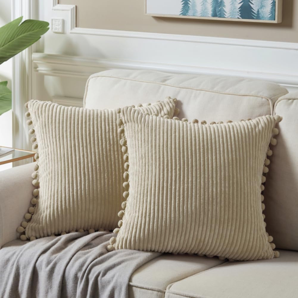Fancy Homi Dark Gray Decorative Throw Pillow Covers 18X18 Inch with Pom Poms, Boho Farmhouse Home Decor, Soft Corduroy Accent Square Cushion Case for Living Room Couch Bed Sofa 45X45 Cm