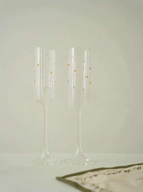 Handblown Rainbow Sprinkles Champagne Flutes Set of 2 Pcs - Whimsical Wine Glasses