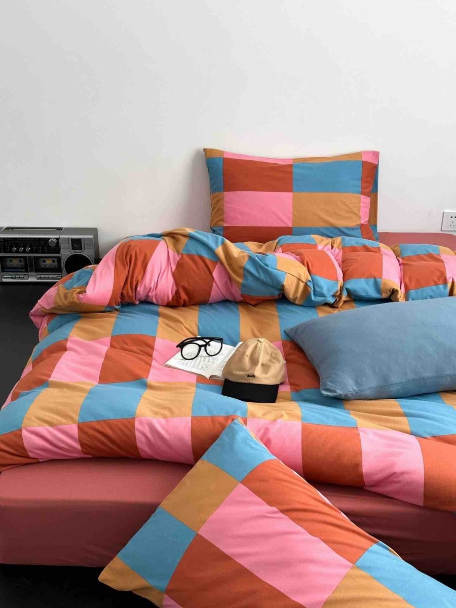 Rainbow Checker Duvet Cover Set With Pillowcases & Fitted Sheet